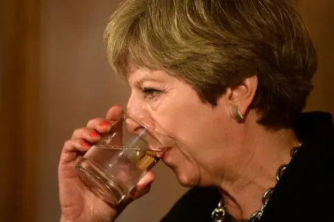 Getty Images British Prime Minister Theresa May drinks from a glass of water during a press conference with Australia's Prime Minister Malcolm Turnbull at Downing Street on 10 July, 2017.