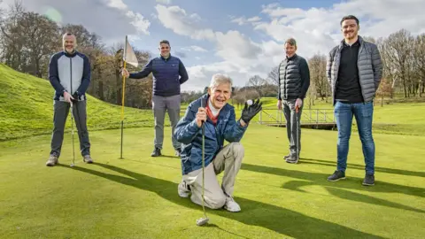 Tony Johnson Ron Johnson, centre, returns to play at Oakdale Golf Club, Harrogate with his life savers Mark Hudson, Rob Stansfield, Gary Cawley and Gareth Traynor