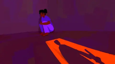 Shali Reddy An illustration of a woman hiding while an armed man's silhouette is seen in the doorway