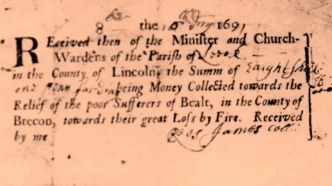 Mal Morrison This receipt from January 1691 records some of the fundraising to rebuild Builth