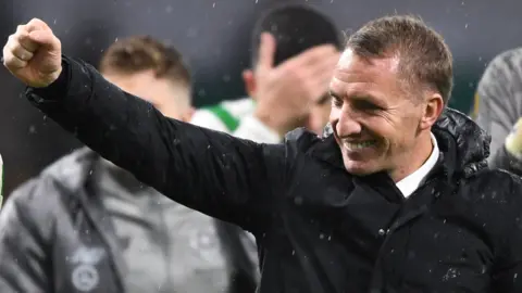 Celtic manager Brendan Rodgers celebrates against Leipzig
