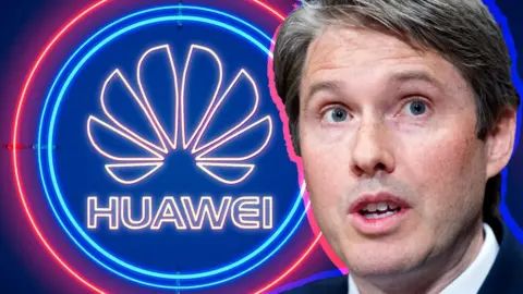 BBC/getty images Robert Strayer in front of the Huawei logo