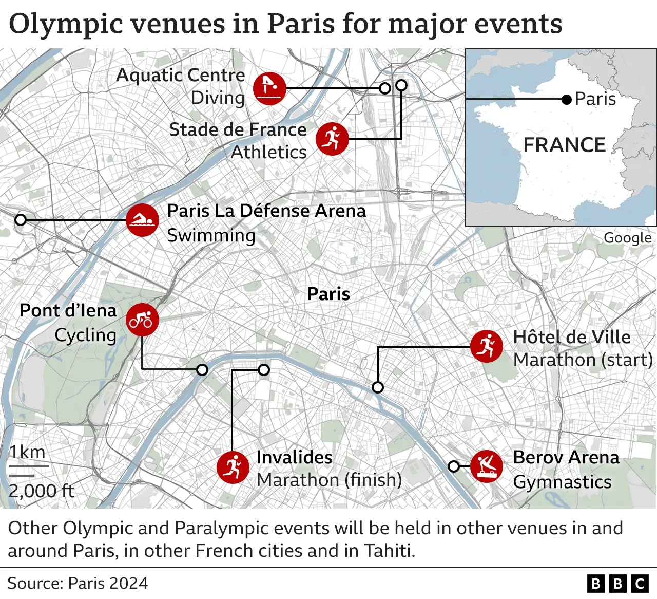 Map showing selected Games venues in Paris