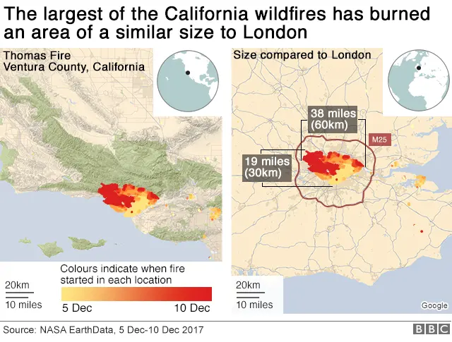 Map showing the size of the area burned by California wildfires compared to area of London