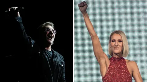 Getty Images U2's Bono and Celine Dion in a composite image