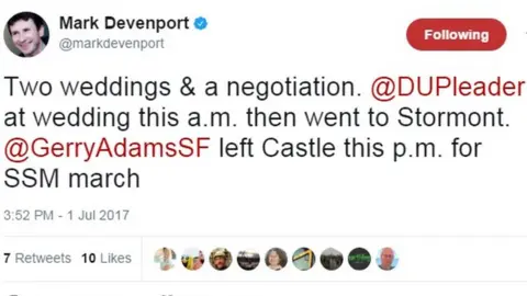 Mark Devenport/Twitter Mark Devenport tweets: Two weddings & a negotiation. @DUPleader at wedding this a.m. then went to Stormont. @GerryAdamsSF left Castle this p.m. for SSM march