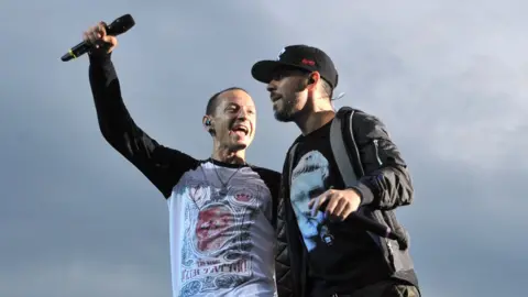 PA Chester Bennington with fellow band member Mike Shinoda in February