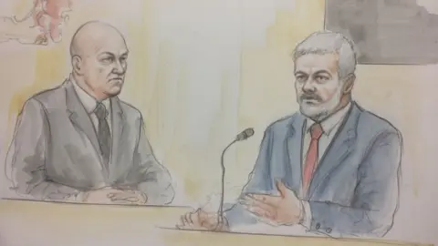 Helen Tipper An artist's impression of Carwyn Jones being questioned at the inquest