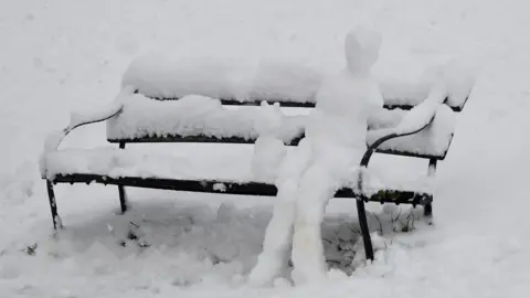 Reuters A snowman and snow-cat sat on a bench in Bristol.