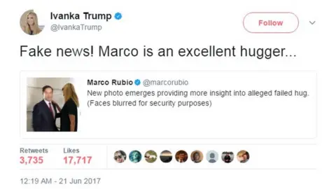 @IvankaTrump/Twitter Fake news! Marco is an excellent hugger...