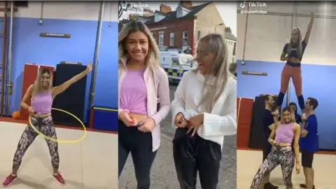 Diabetic Duo Beth and Ellen injecting themselves while hula-hooping, in front of a police car and while doing a human pyramid.