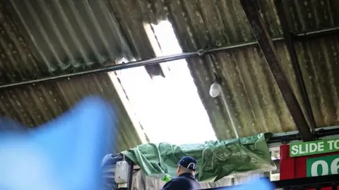 Cambridge United Stadium roof after being damaged by wind