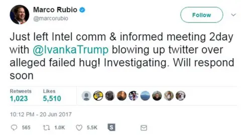 @marcorubio/Twitter Just left Intel comm & informed meeting 2day with @IvankaTrump blowing up twitter over alleged failed hug! Investigating. Will respond soon