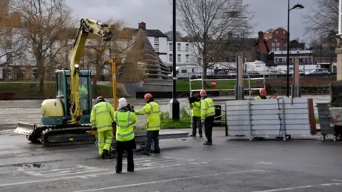 Shropshire Council Flood barriers being deployed in Shrewsbury