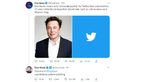 Twitter/BBC screengrab A screenshot of Elon Musk's tweet saying he has paid for Twitter Blue subscriptions for William Shatner, LeBron James and Stephen King