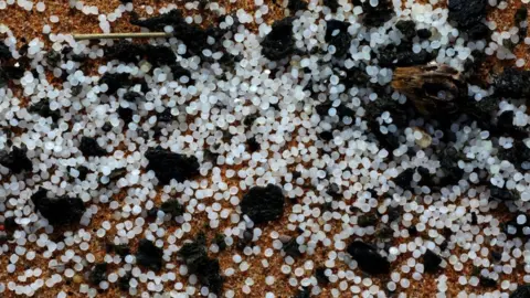 Getty Images Chemical granules used to manufacture plastic washed ashore from the burning cargo vessel MV X-Press Pearl