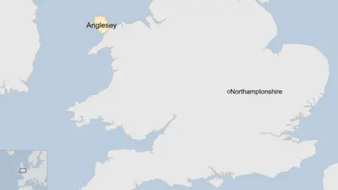Map showing Anglesey and Northamptonshire