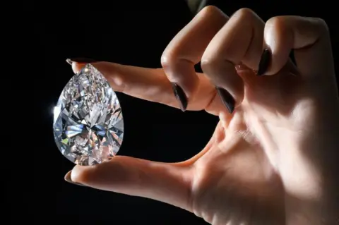 AFP This picture taken on 6 May in Geneva shows "The Rock", which was auctioned on 11 May in Geneva during a "Christies Magnificent Jewels" sale, alongside a yellow diamond, with part of the proceeds going to the International Committee of the Red Cross.