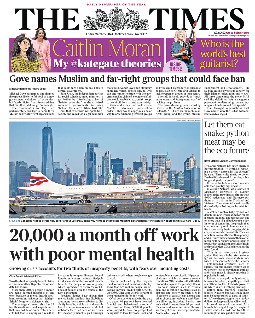 BBC The headline in the Times reads: "20,000 a month off work with poor mental health".