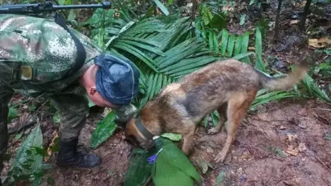 EPA dog and a member of the special forces commandos, inspecting what would be an improvised shelter with scissors and hair clips