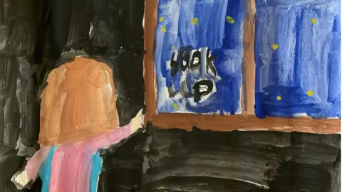 Artwork from Izzy aged 9 painting of a child looking out the window