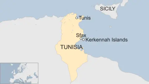 Map showing the location of the Kerkennah islands and the city of Sfax in relation to Tunisia's capital Tunis and the Italian island of Sicily