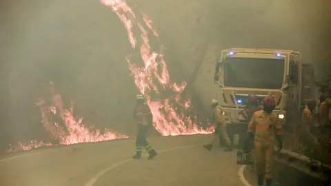 MIGUEL PEREIRA DA SILVA/EPA-EFE Firefighters work to extinguish a forest fire in Alvendre, near Guarda, Portugal, 18 July 2022