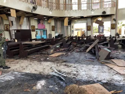 Huw Evans picture agency Debris inside a Catholic church in Jolo after twin bomb blasts. Photo: 27 January 2019