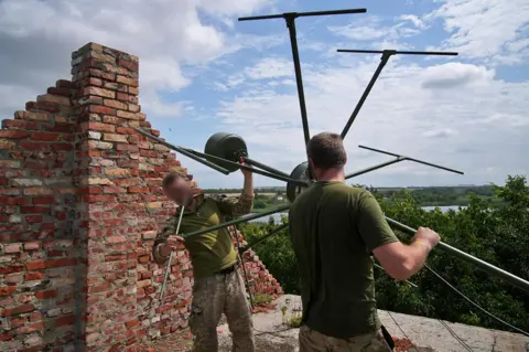 Infozahyst Ukrainian electronic warfare unit puts up an antenna