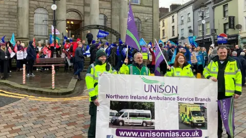 Striking workers outside Omagh courthouse