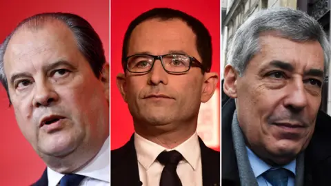 AFP L-R: Jean-Christophe Cambadélis, Benoît Hamon and Henri Guaino