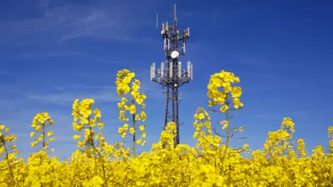 Getty Images Mobile mast with rape seed field in foreground