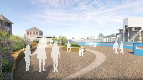 SLDC An artist's impression of the view from "poolside" looking across the landscaped lido site towards the historic diving platform