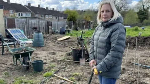 Frankie McCamley/BBC Carly Burd at her allotment in Harlow