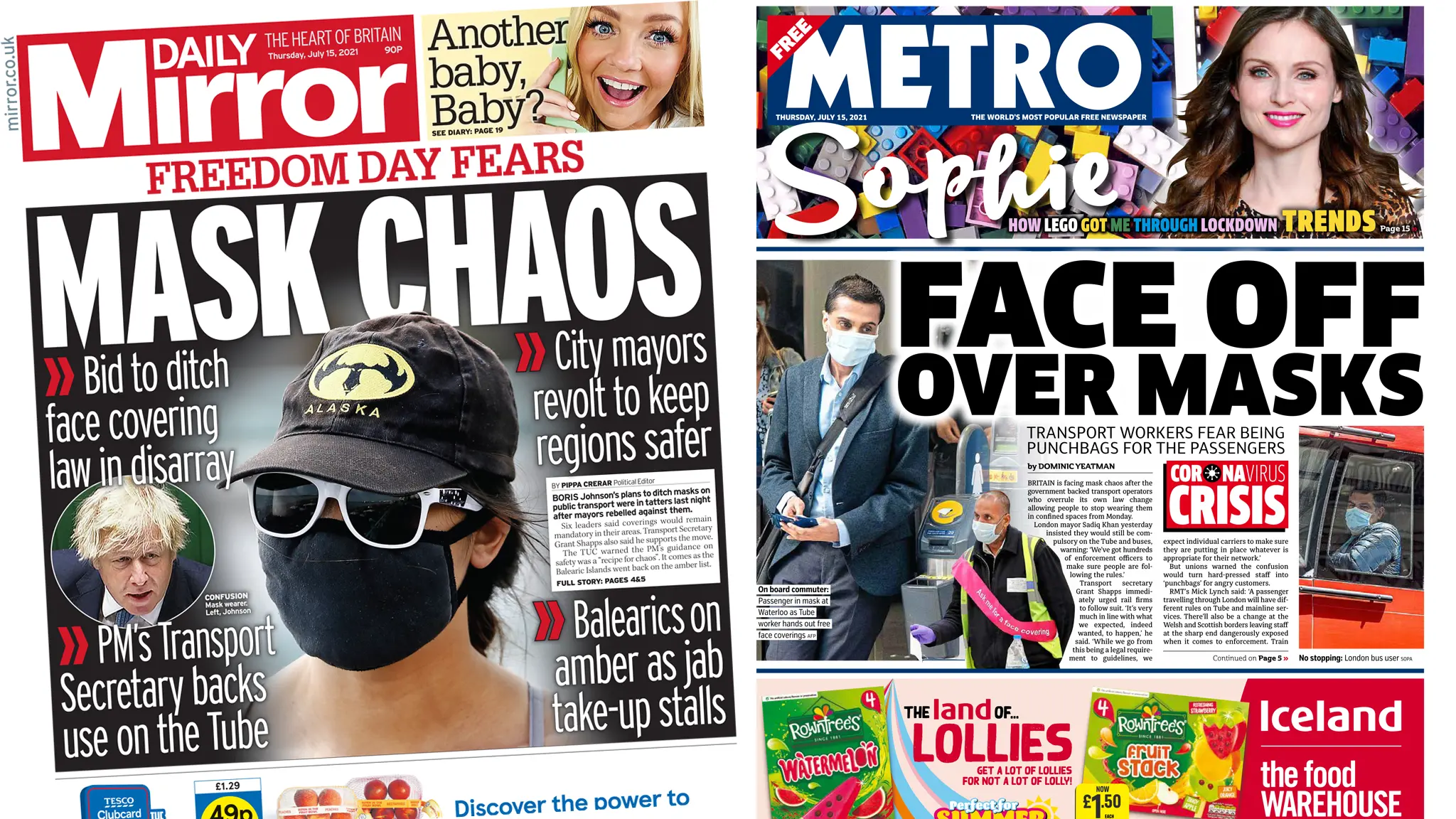 Daily Mirror and Metro front pages