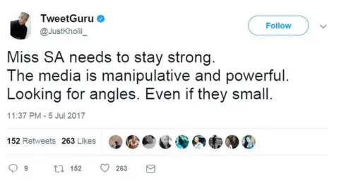 Twitter / @justkholii Tweet saying "Miss SA needs to stay strong. The media is manipulative and powerful. Looking for angles. Even if they small."