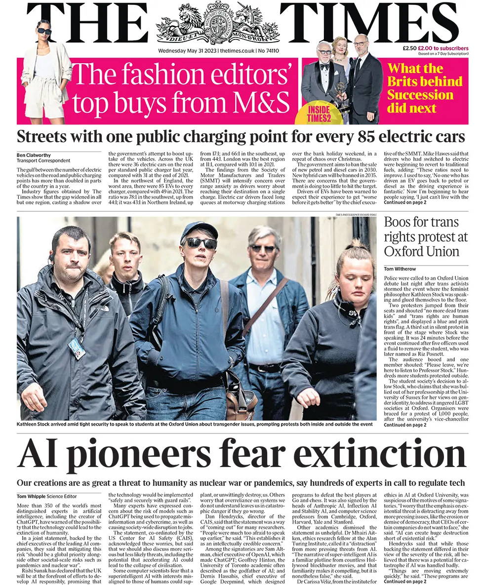 The headline in the Times reads: "AI pioneers fear extinction"