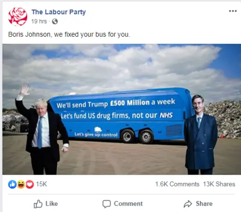 Facebook labour party advert with bus reading: "we'll send Trump £500 million a week. Let's fund US drug firms, not our NHS", with pictures of Boris Johnson and Jacob Rees Mogg photoshopped onto it