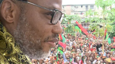 BBC Leader of Indigenous People of Biafra (IPOB) Nnamdi Kanu greets supporters in Umuahia