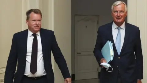 EPA/YVES HERMAN / POOL Lord Frost, the UK's chief Brexit negotiator, and his EU counterpart Michel Barnier, arrive for a meeting, in Brussels in August