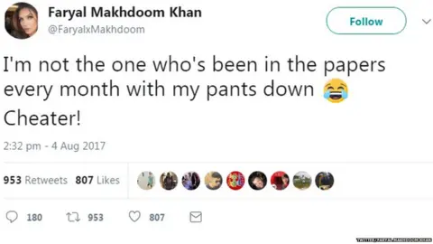 Twitter/Faryal Makhdoom Khan A tweet from Faryal saying: "I'm not the only one in the papers every month with my pants down"