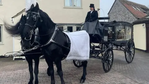 Ali Gibbs Two horses and a cart carrying the coffin