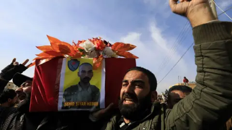 AFP Funeral for YPG militia fighter in the northern Syrian city of Afrin on February 3, 2018
