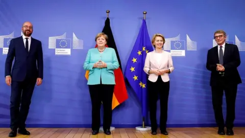 European Council German Chancellor Angela Merkel (2nd L) was in Brussels ahead of the summit for talks with EU leaders Charles Michel, Ursula von der Leyen and David Sassoli