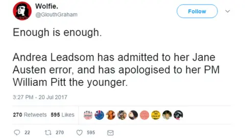 @GlouthGraham/Twitter @GlouthGraham tweeted: "Enough is enough. Andrea Leadsom has admitted to her Jane Austen error, and has apologised to her PM William Pitt the Younger".