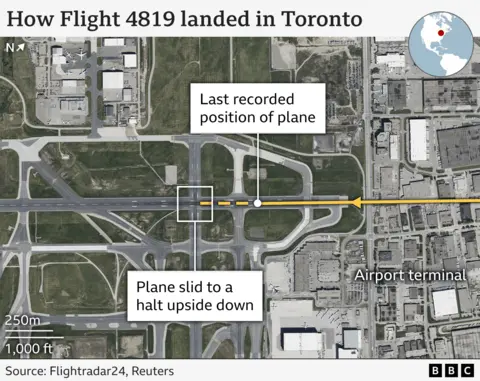 A marked satellite image shows the last registered position of the aircraft, which crashed in Toronto, and the position where it was turned upside down at Pearson International Airport.