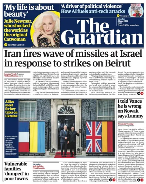 The headline on the front page of the Guardian reads: "Iran fires wave of missiles at Israel in response to strikes on Beirut."