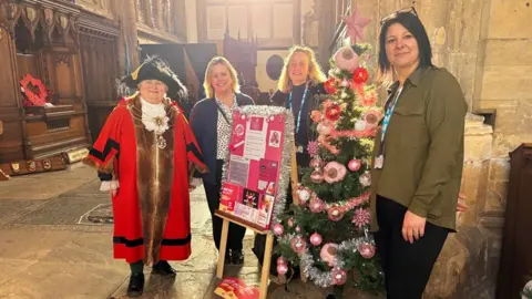 NHS Humber Health Partnership A number of NHS staff stand in front of the tree with the Lord Mayor in her red ceremonial outfit with chain and black tricorn hat. The tree has the knitted "boob-les" and has pink tinsel and a star on top