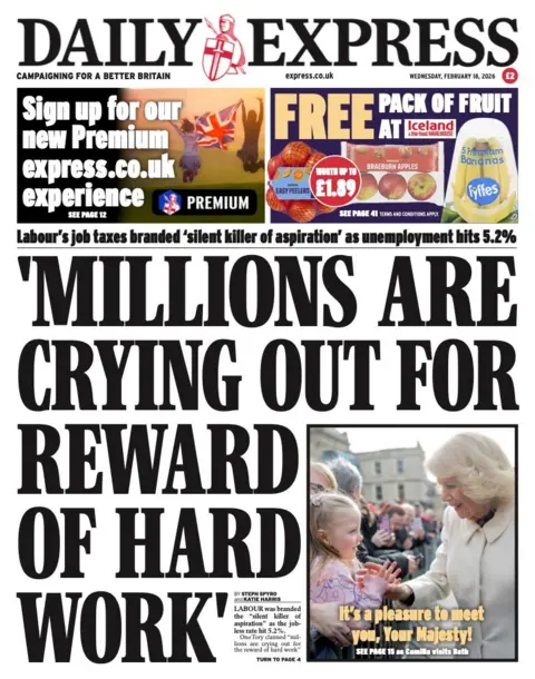 The front page of the Daily Express reads: "Millions are crying out for reward of hard work."