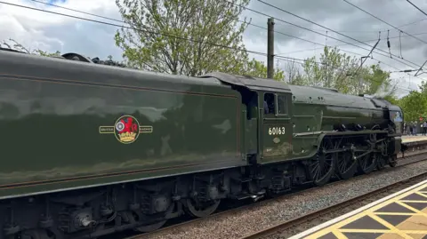 Laura McManners A green steam train pulls into a station.